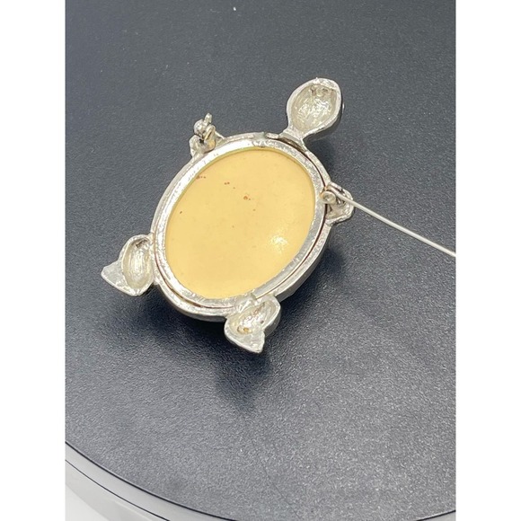 Vintage Turtle Cream Stone Silver Tone Pave Crystals Pin Brooch - Picture 7 of 14